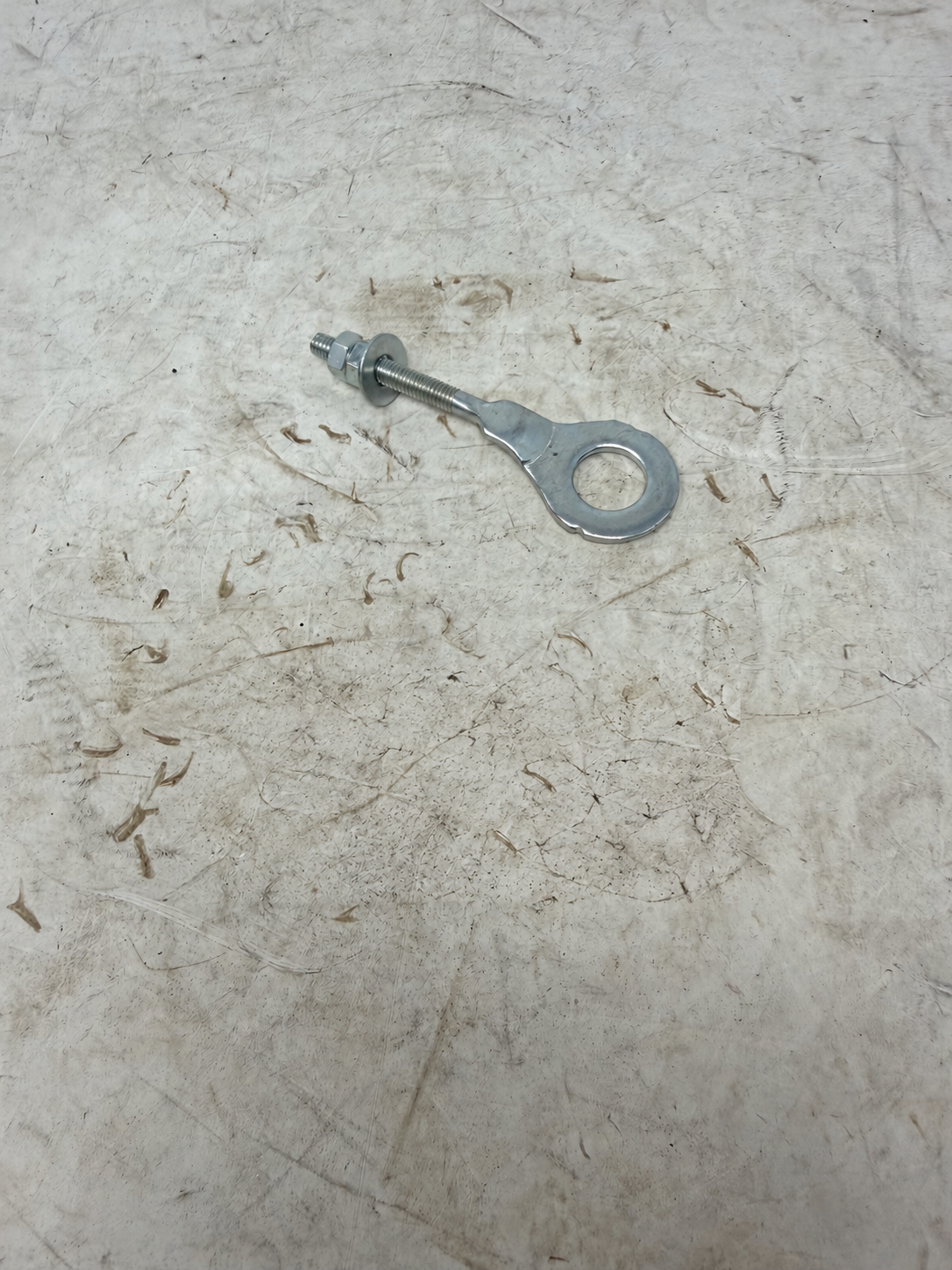Silver chain tensioner adjuster for DF250RTG Sportster 250cc motorcycle, with threaded shaft, nut and washer