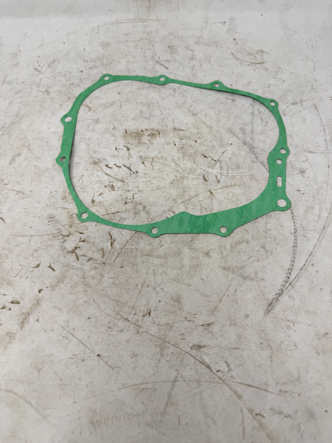 Green left crankcase cover gasket for DF250RTG Sportster 250cc motorcycle, showing bolt holes and oil passages