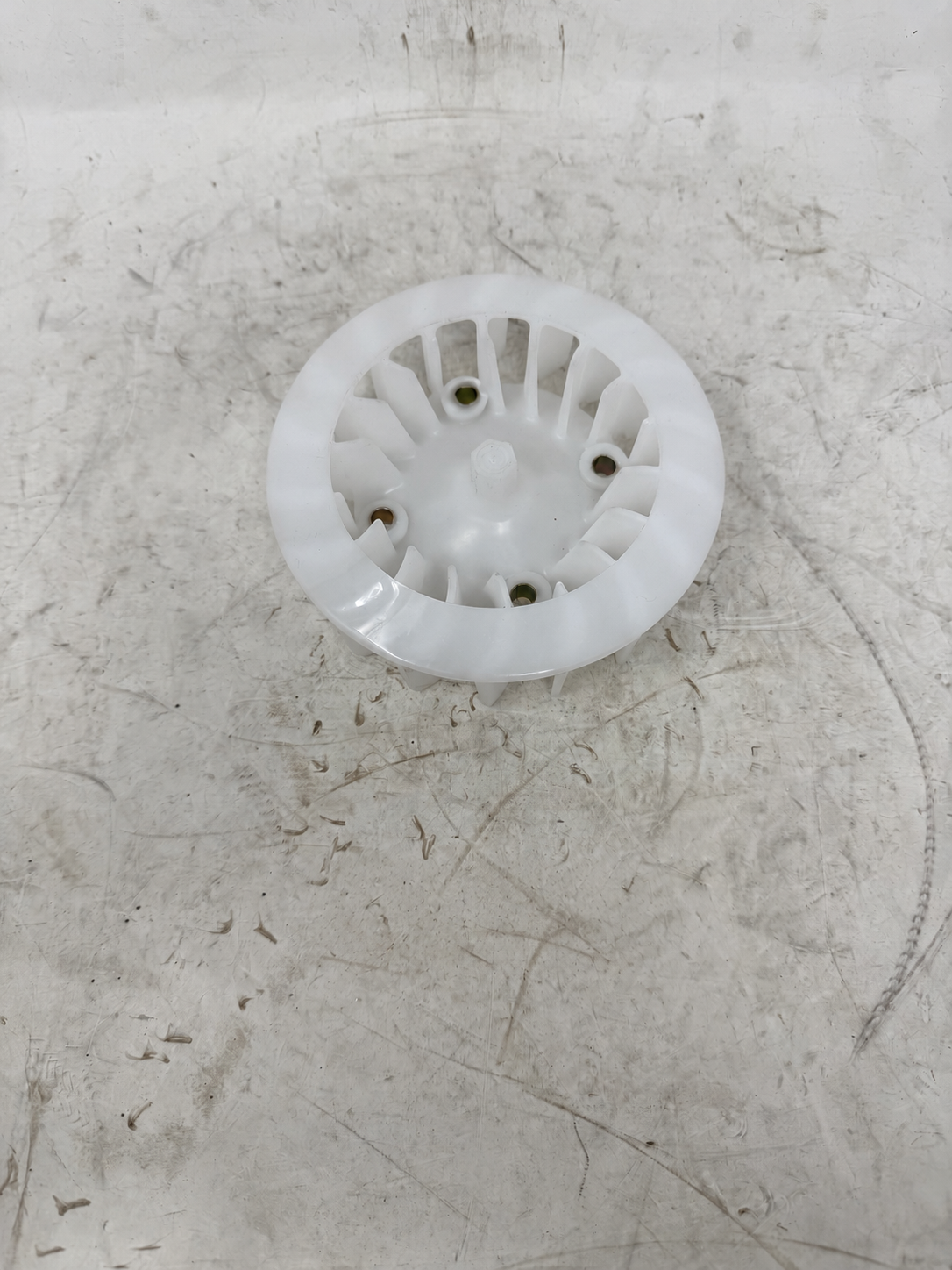 Reverse side of white cooling fan for Venom X19 200cc DF200SST-23, showing center opening and four mounting holes