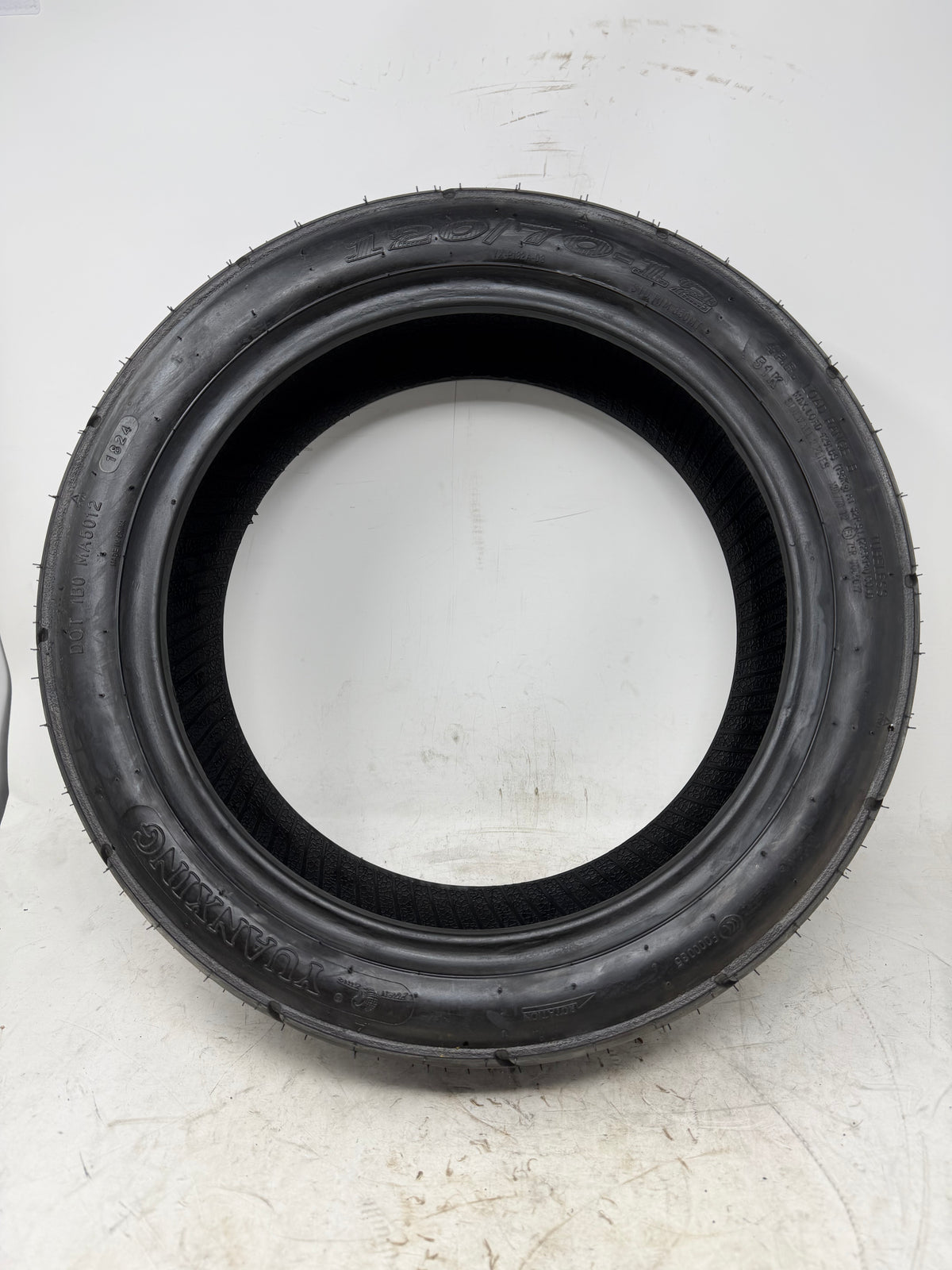 120/70-12 motorcycle tire, full sidewall view