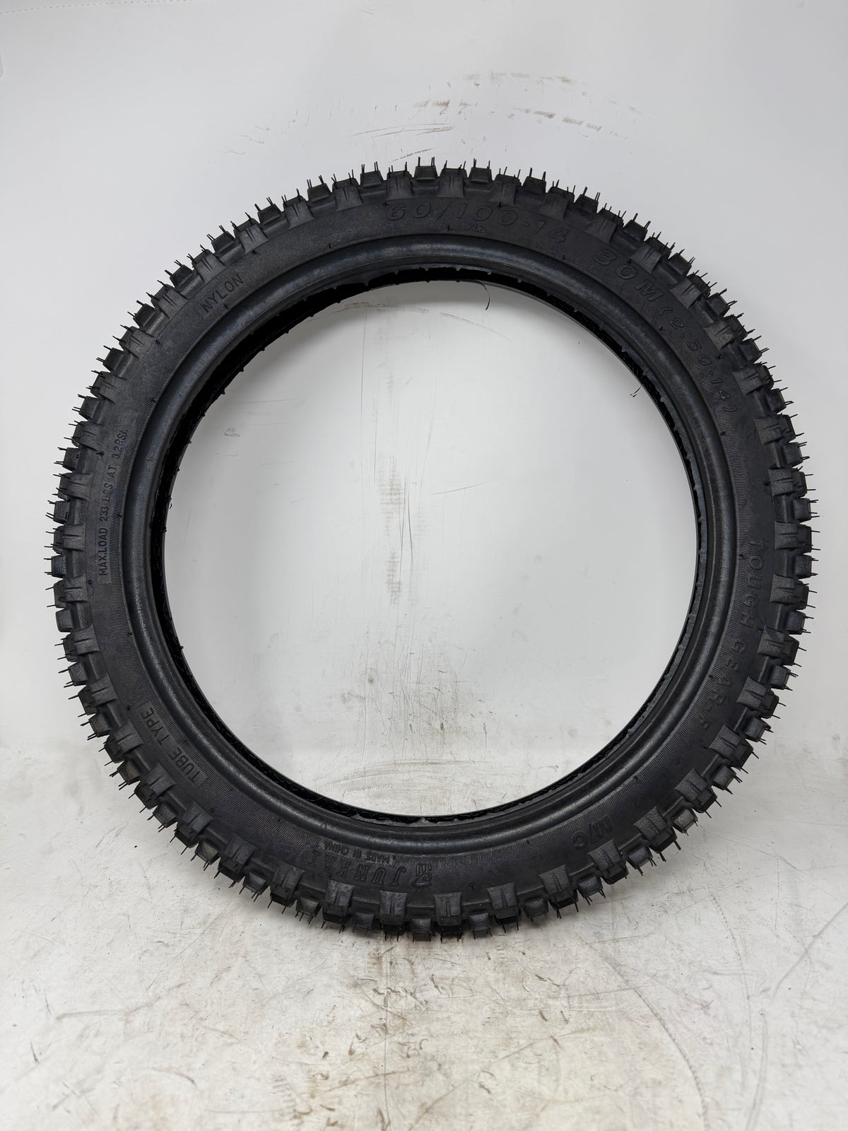 60/100-14 motorcycle tire, full sidewall view