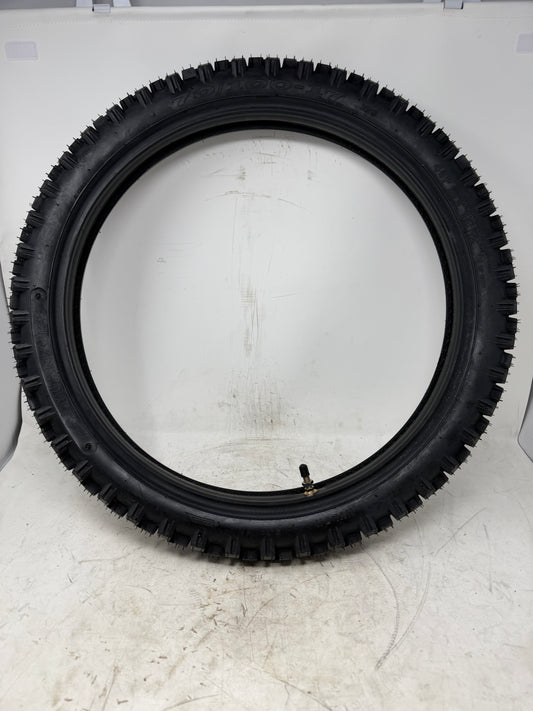 70/100-17 motorcycle tire, full sidewall view, with inner tube and valve stem visible