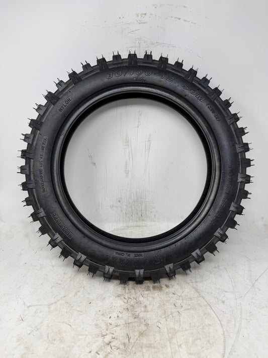 80/100-12 motorcycle tire, full sidewall view