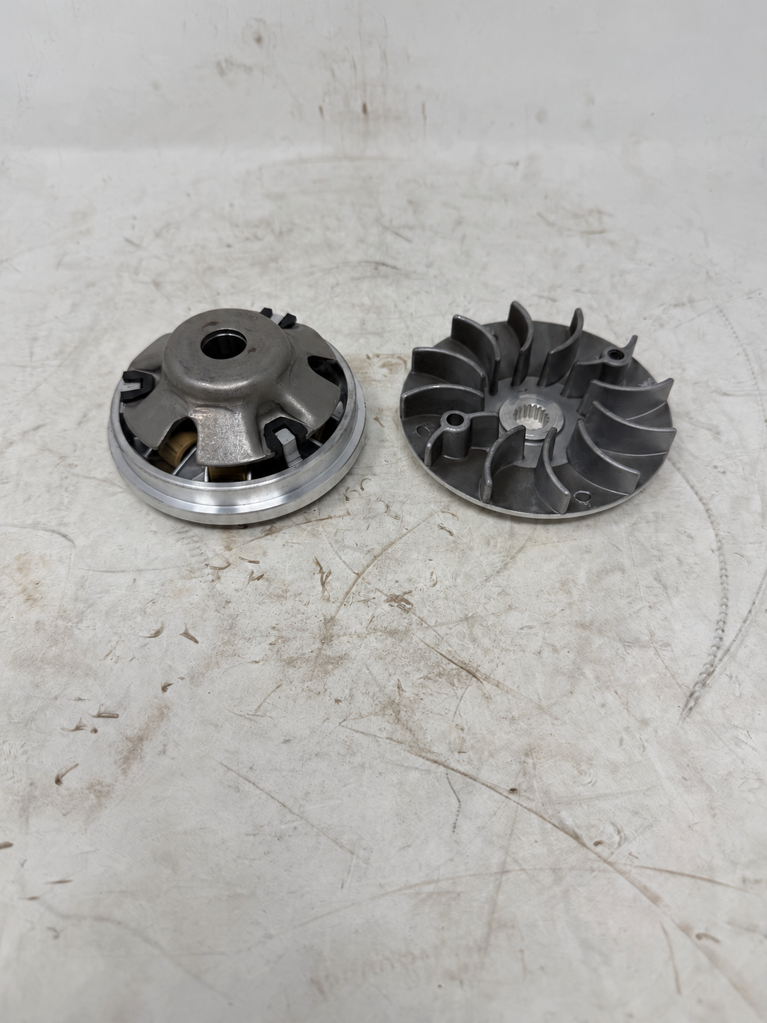 Front CVT variator drive pulley assembly for Venom X19 200cc DF200SST-23, finned pulley face view