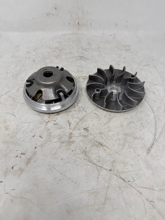 Front CVT variator drive pulley assembly for Venom X19 200cc DF200SST-23, finned pulley face view