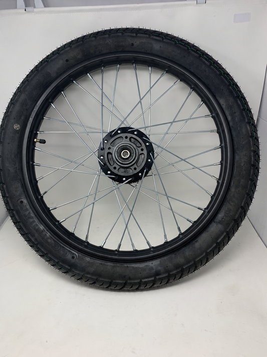 DF250RTG Venom Sportster 250cc front 2.75-18 tire on black spoked rim, disc mounting side, rim part 02040351