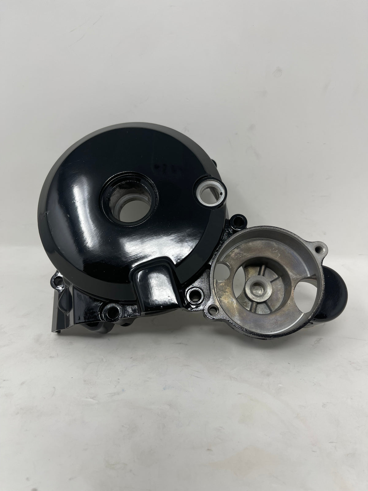 Front view of the DF250RTG Sportster 250cc left crankcase cover showing threaded inspection openings and mounting holes