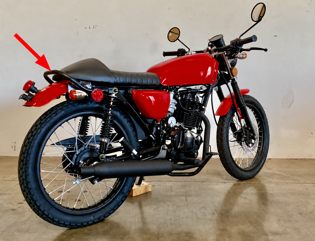DF250RTG Sportster 250cc Rear Rack & Grab Rail on assembled motorcycle