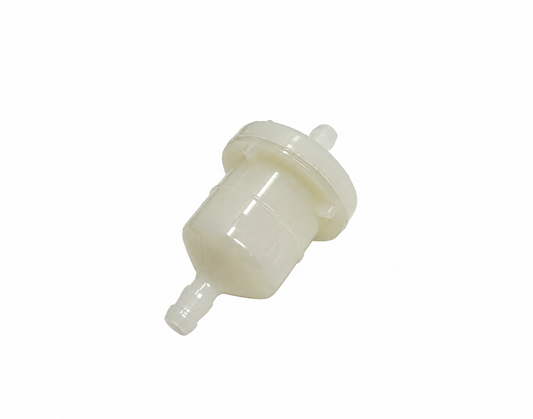 DF250RTS Venom X22R 250cc inline fuel filter 06990001 / 6990001, angled view showing both hose barbs