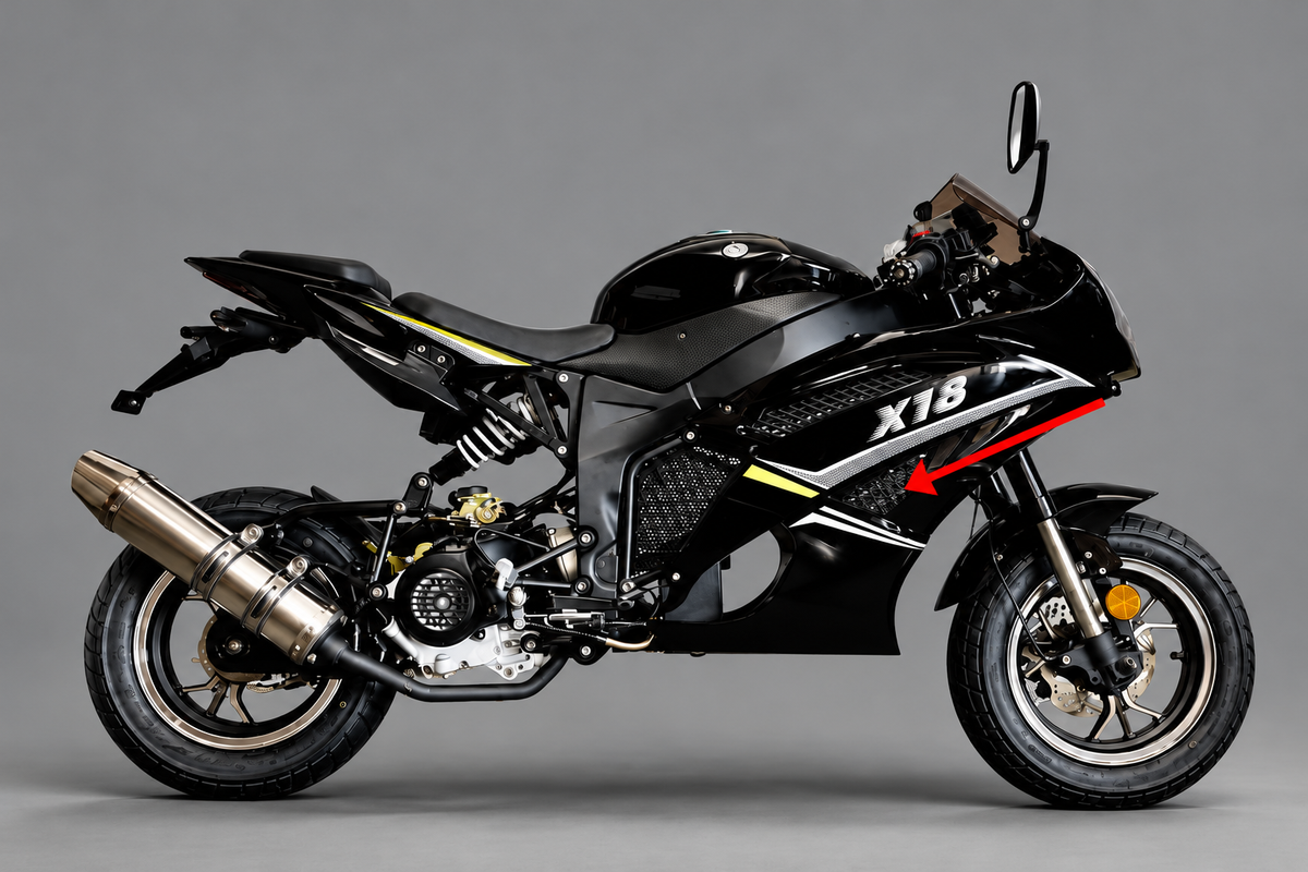 DF50SST X18 50cc Lower Right Plastic Mesh on assembled motorcycle
