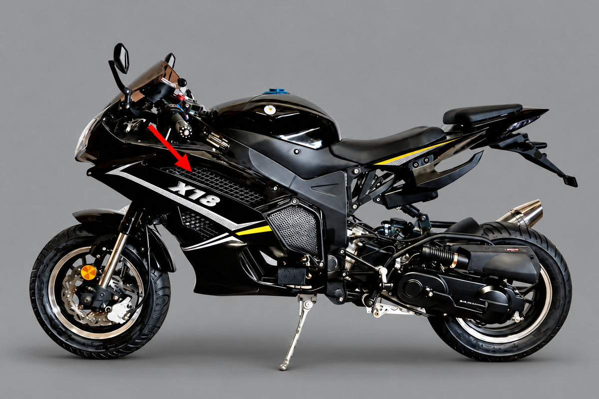 DF50SST X18 50cc Upper Left Plastic Mesh on assembled motorcycle