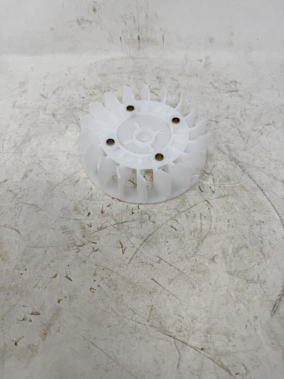 White engine cooling flywheel fan for Venom X19 200cc DF200SST-23, radial blade and mounting hole view