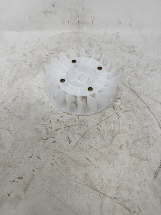 White engine cooling flywheel fan for Venom X19 200cc DF200SST-23, radial blade and mounting hole view