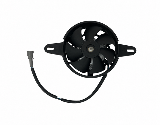 Falcon YN250 / YN250T-5 Venom X22GT 250cc radiator cooling fan with electrical lead and gray connector, front view, part YY350-6E-2101029